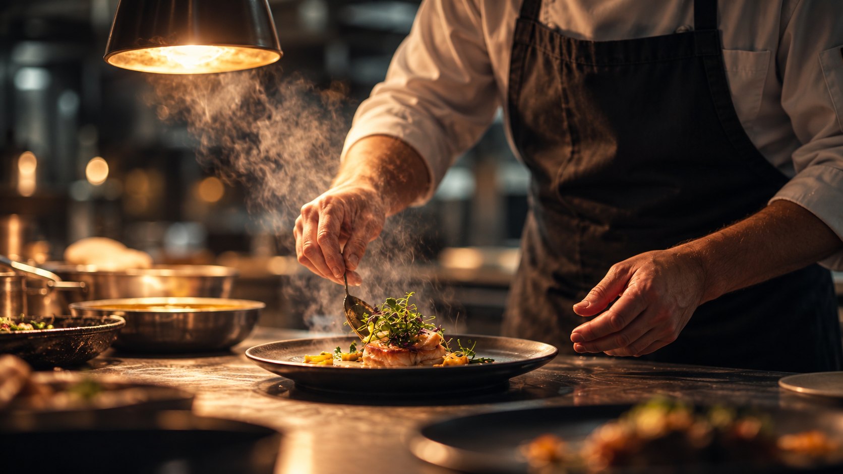 Un chef termina un plato bajo la luz de la cocina