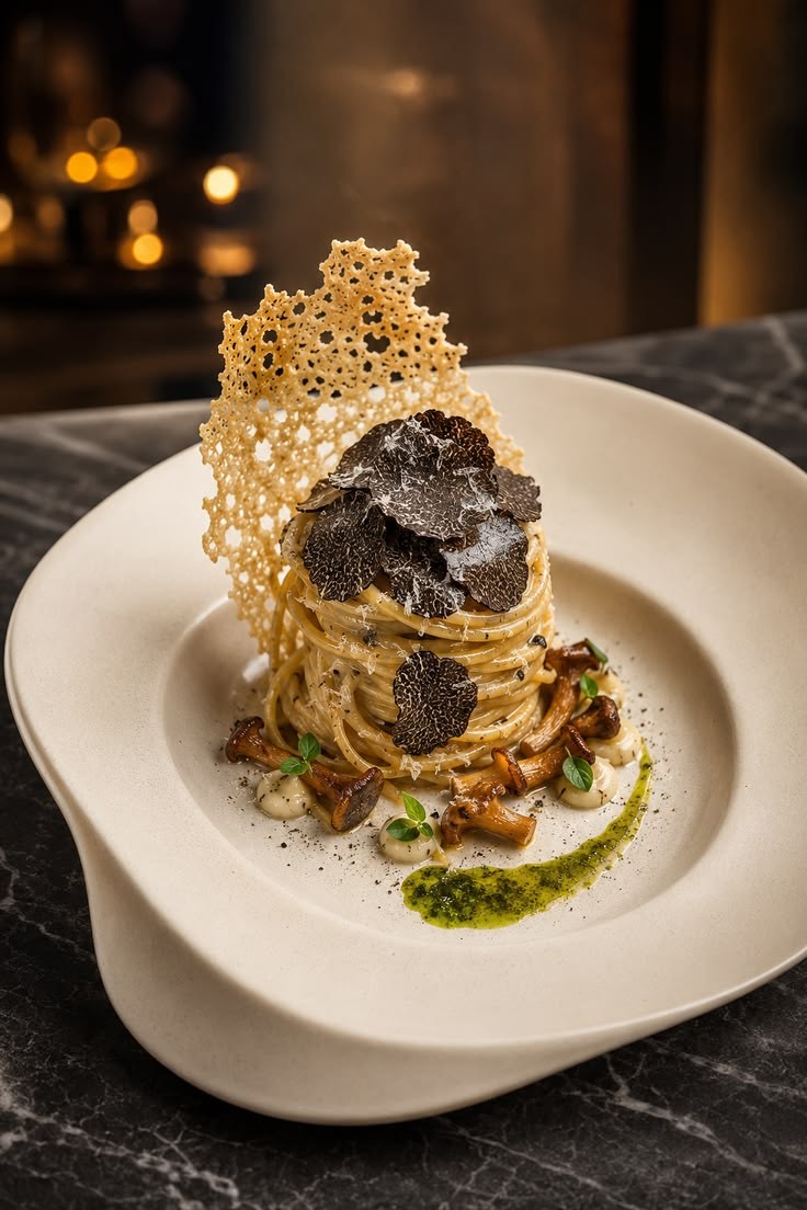 Pasta en nido con trufa negra y teja de parmesano
