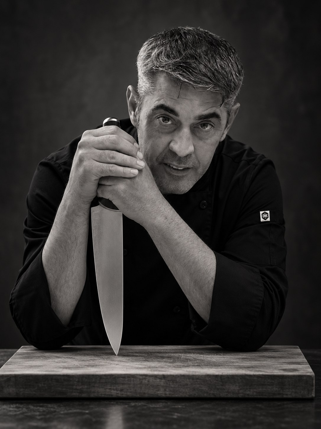 Sergio Azagra apoyado sobre su cuchillo de chef
