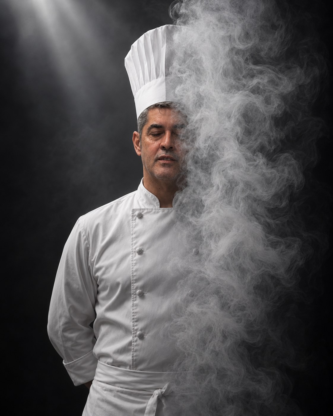 Sergio Azagra con chaquetilla y gorro de chef entre el vapor
